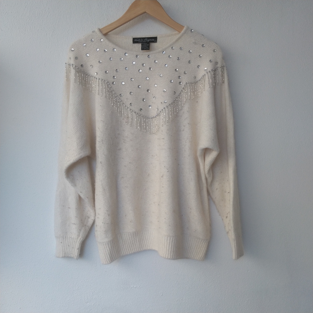 Vintage Wool Chic Cream Sweater with Silver Details
